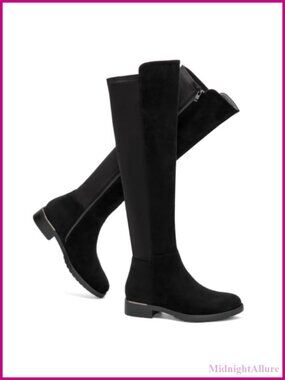 Faux Suede Knee High Stretch Boots Round Toe Flat Women's